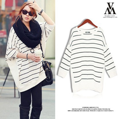 Women's Batwing Crewneck Striped Oversized Loose Knit Jumper Sweater Blouse Tops 204308 Free Shipping