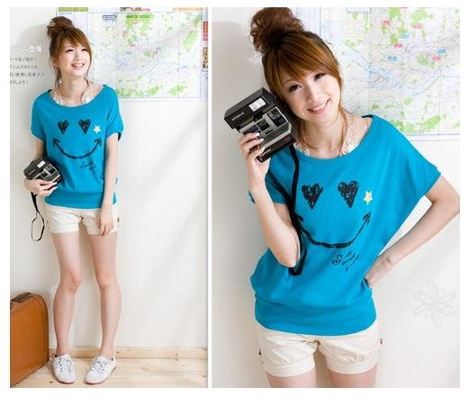 Women's Batwing Sleeve Tops Shirts Cotton t shirt Mini Dress smile Pattern Print Blouse