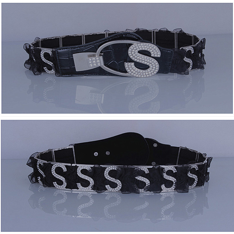 Women's belt fashion down coat lace wide belt japanned leather female elastic waist belt female all-match rhinestone