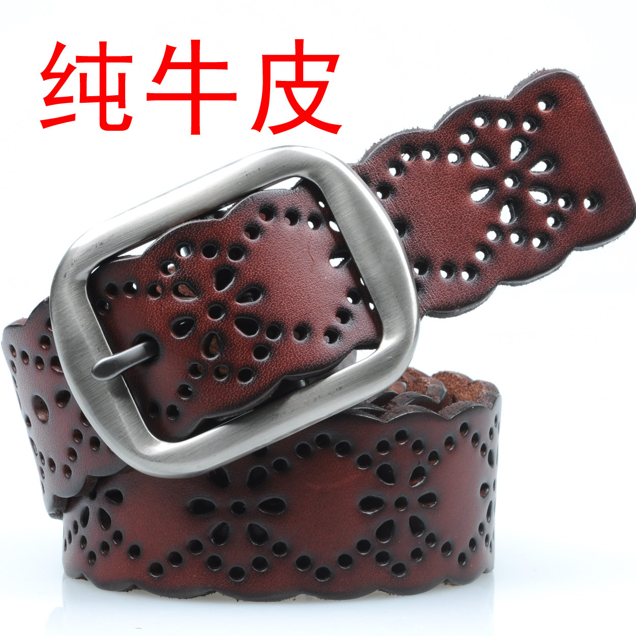 Women's belt fashion first layer of cowhide genuine leather red casual cutout belt pin buckle