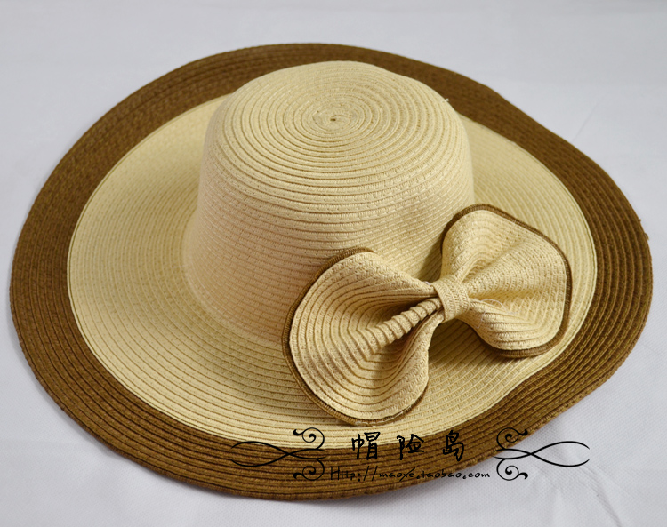 Women's big along strawhat summer bow dome hat straw braid sunbonnet anti-uv beach cap