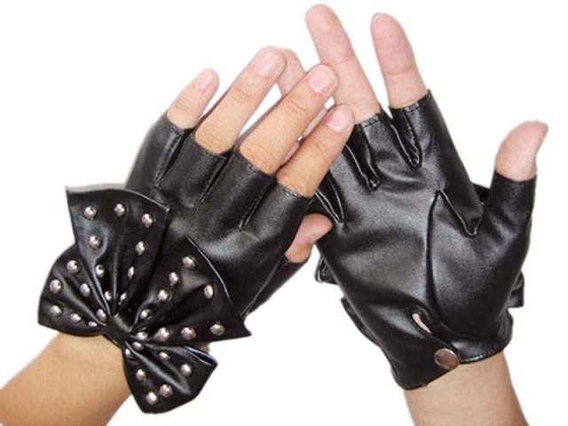 Women's big bow rivet semi-finger gloves fashion leather gloves