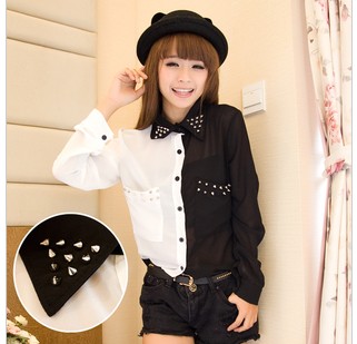 Women's black-and-white d620 personality vintage rivet beads chiffon shirt turn-down collar shirt long-sleeve