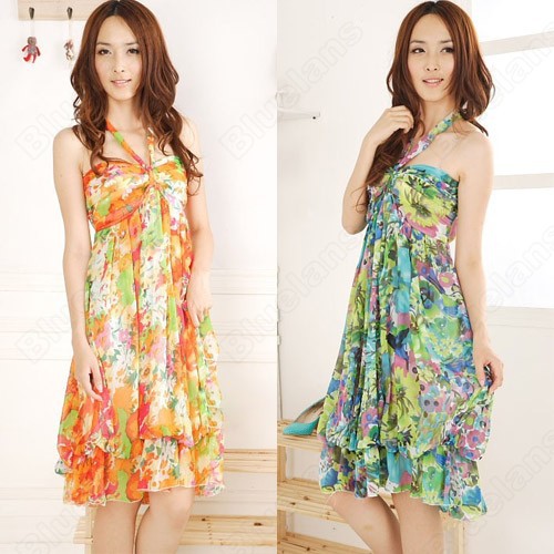 Women's BOHO Exotic Summer Chiffon Long Full Dress Floral Print Green Yellow