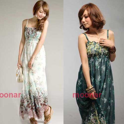 Women's Boho Long Maxi Chiffon Floral Pattern Bandeau Pleated Dresses E0488