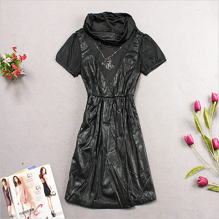 Women's boutique short-sleeve faux leather 2 2013 one-piece dress FREE SHIPPING