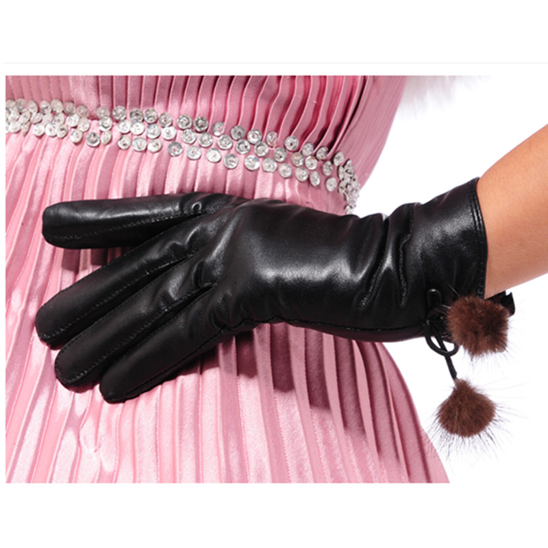 Women's bow mink ball pleated genuine leather gloves female winter thermal sheepskin gloves leather gloves