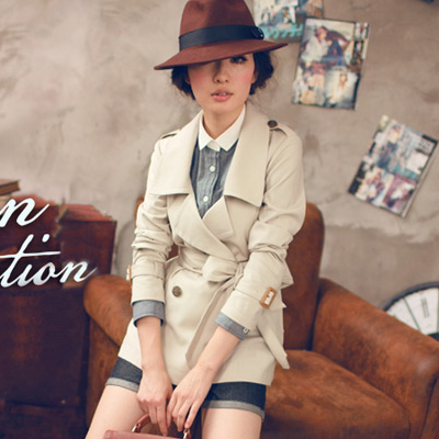 Women's british style double breasted slim waist slim short design trench belt b640