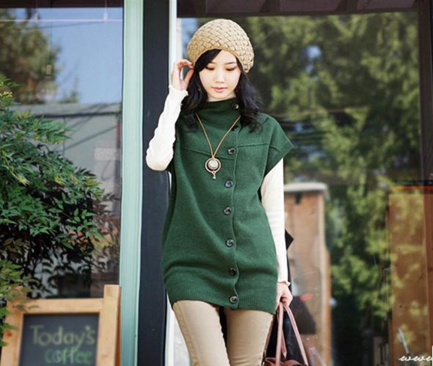 Women's button decoration vintage batwing sleeve slim hip sweater outerwear