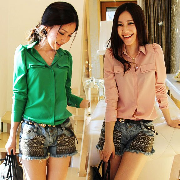 Women's Candy Color Chiffon Long Sleeve Button Down Shirt Shoulder Padded Tops