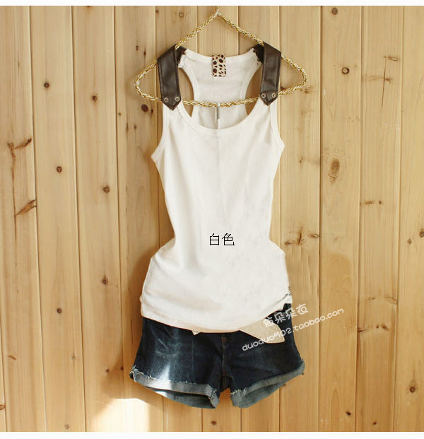Women's candy solid color cotton leather shoulder strap medium-long basic strap tank