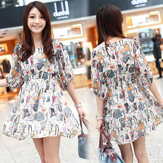 Women's cartoon colorful doodle half sleeve o-neck chiffon one-piece dress