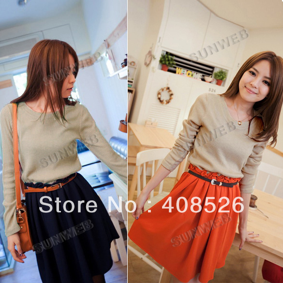 women's Casual Korea Late Autumn Cotton Knitted Patching Style Long Sleeves Dress Mini Skirt With belt free shipping 9578