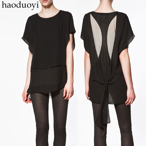 Women's chiffon blouses with bow decoration in the back free shipping for cpam