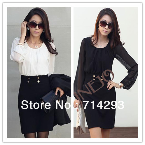 Women's Chiffon Long Sleeve Dress Slim Round Collar OL Dress Free shipping 10127