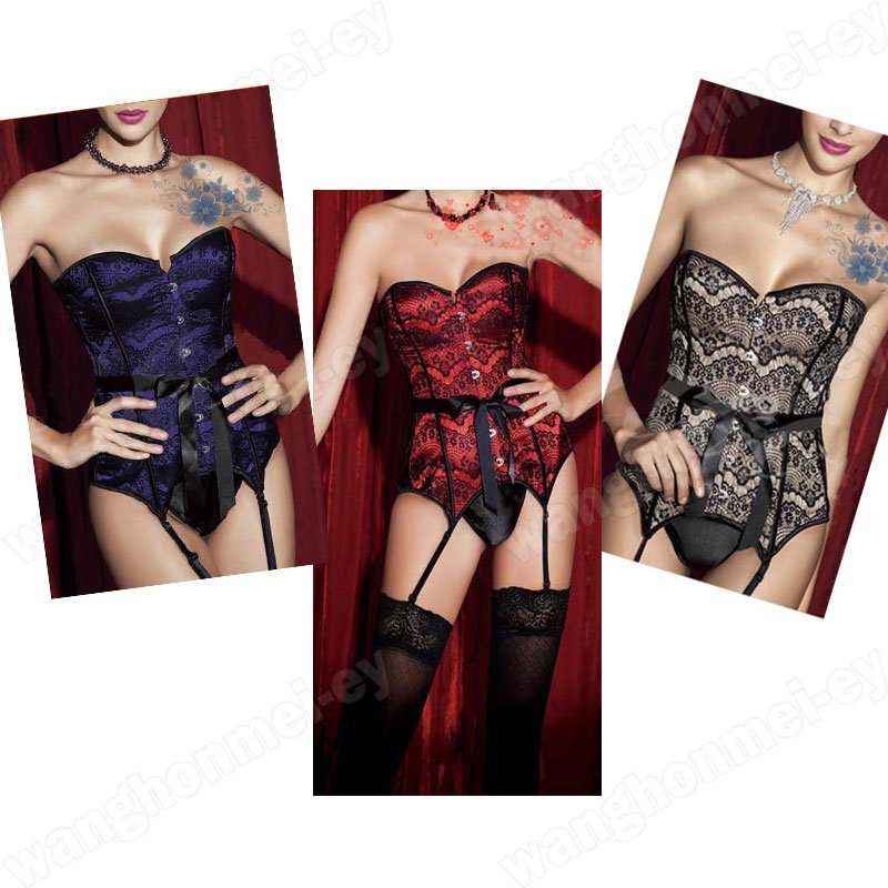 Women's Classic Vintage Strapless Lace Up Corset Bustier G-String Garter Belt