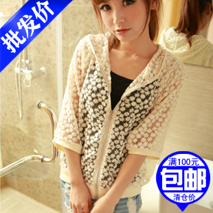 Women's clothes lace batwing sleeve loose cap zipper outerwear