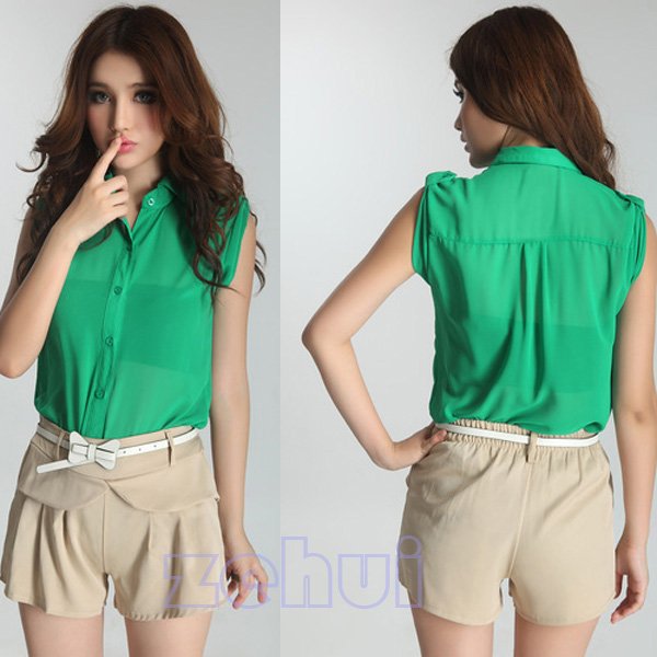 Women's Collared Button Turned Sleeves T-Shirts Georgette Blouse Tops Green HR291G