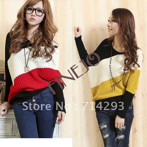 Women's Colorful Striped Batwing Sleeve Loose Off Shoulder Knitted Sweater Knitwear Cardigan Coat free shipping 7733