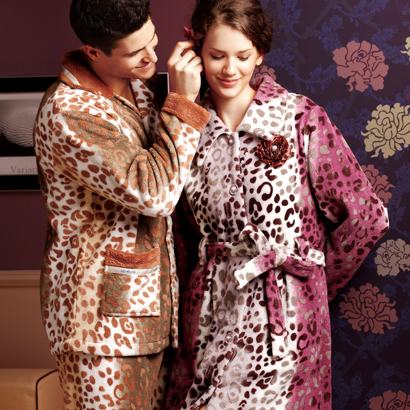 Women's coral fleece robe autumn and winter sleepwear casual lounge leopard print peones lace