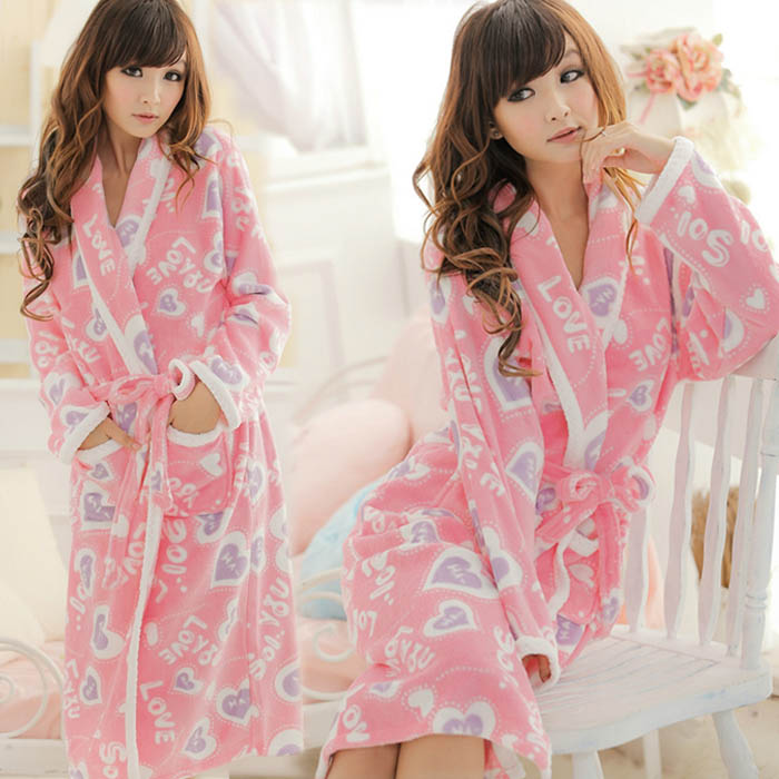 Women's coral fleece robe bathrobes sleepwear autumn and winter cartoon solid color heart letter