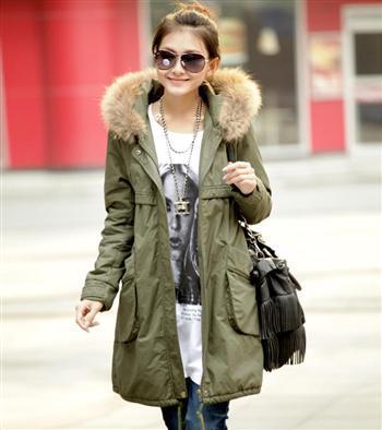 Women's Cotton-padded Jacket Plus Size Medium-long Outerwear Winter Army Green Raccoon Fur Wadded Jacket