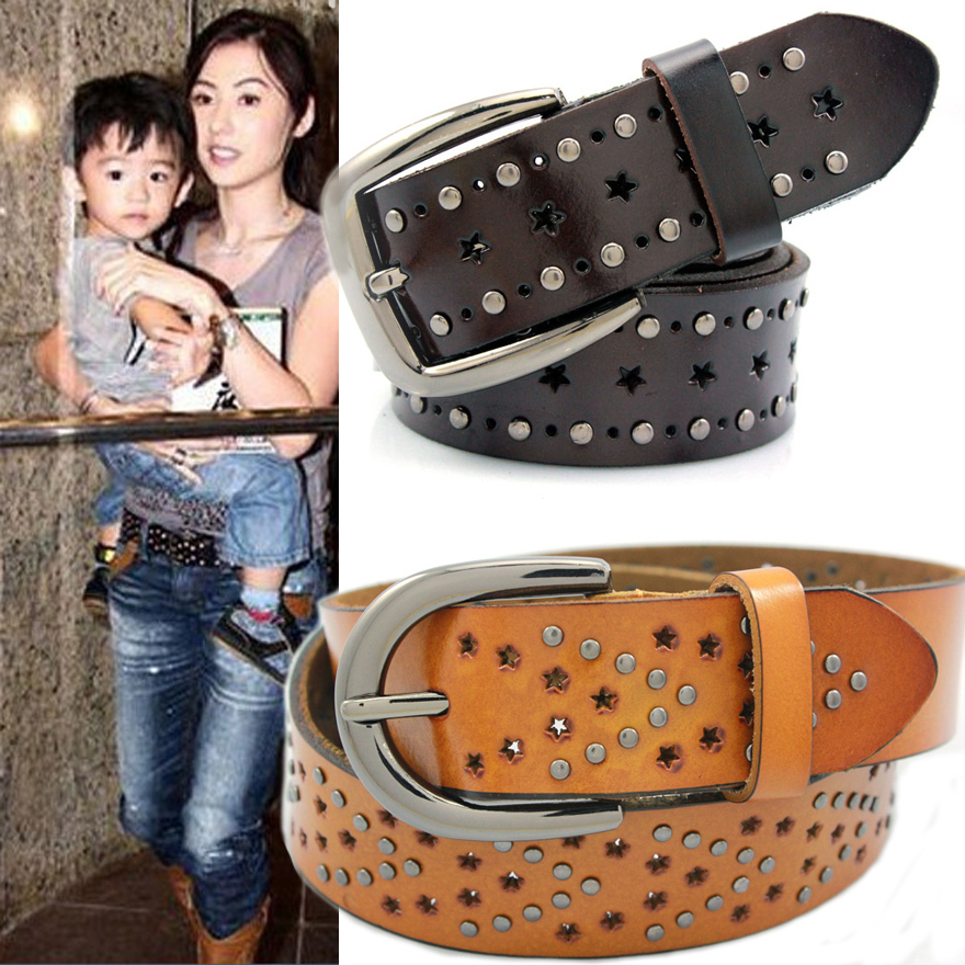 Women's cowhide strap pin buckle genuine leather rivet cutout Women all-match belt