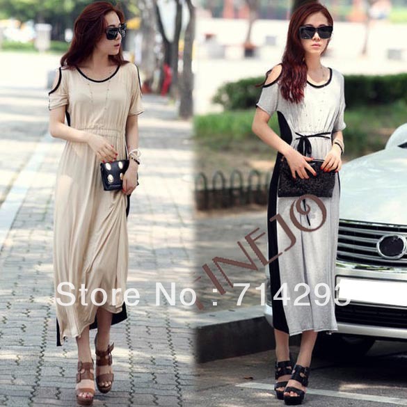 Women's Crew-Neck Short Sleeve Cotton Off Shoulder Dress Splicing Long Dress Free shipping 10148