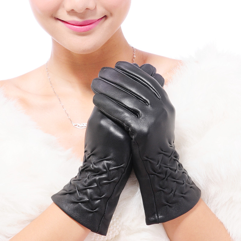 Women's cross pleated leather gloves genuine leather female genuine leather gloves thermal sheepskin gloves
