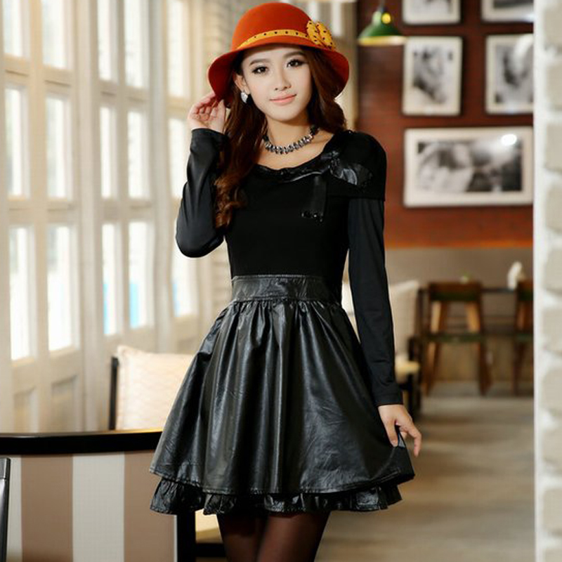 Women's cute bow o-neck long-sleeve knitted water washed leather y93a01 princess one-piece dress