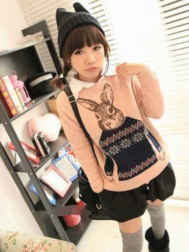Women's Cute Mr.Rabiit Casual O-neck Sweater,Ladies' knitwear, freeshipping