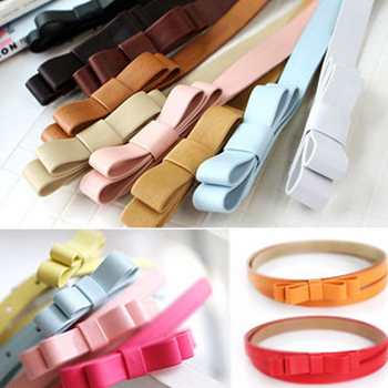 Women's Cute Nice Candy color sweet double layer bow women's strap belt decoration PU leather Thin Belt 10pcs/lot