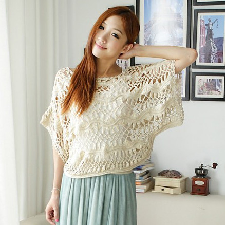 Women's cutout batwing sleeve short design sweater loose short-sleeve crochet slit neckline shirt