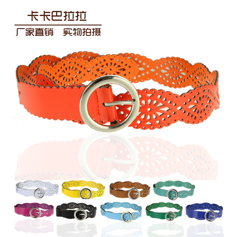 Women's cutout sculpture lace decoration japanned leather mirror leather strap thin belt