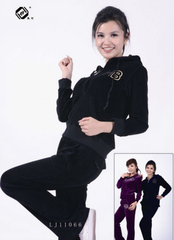 Women's CVC velvet lounge home leisure wear lady everyday clothes pajamas set garment long sleeve round neck bule pocket zipper