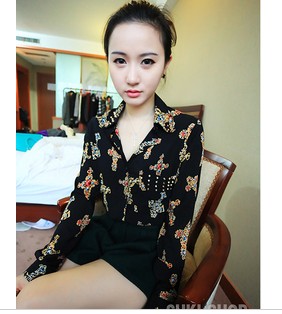 Women's d604 fashion rivet decoration vintage print chiffon long-sleeve shirt women's