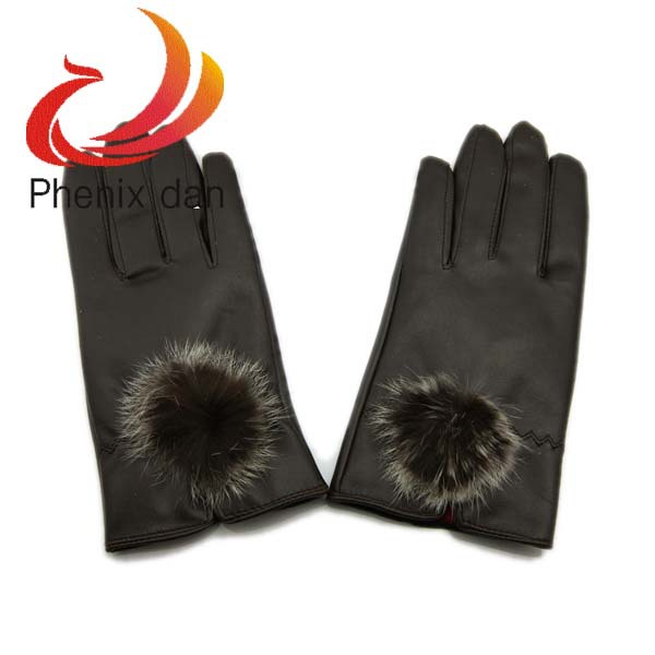 Women's Dark Coffee PU Leather Gloves Rabbit Fur Winter Ladies Thermal Wrist Gloves Free Shipping