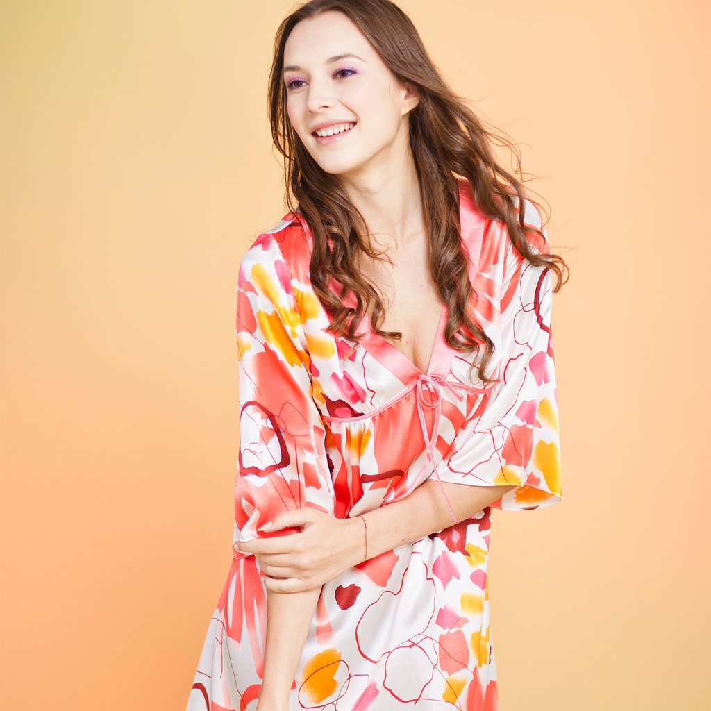 Women's deep v neck half sleeve beautiful print silk nightgown sleepwear lounge hgt 8509