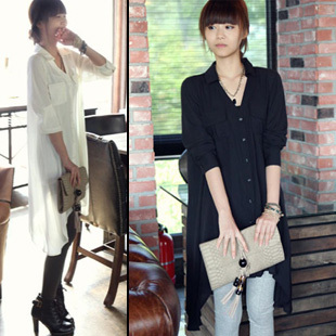 Women's deep V-neck irregular ultra long black and white classic long-sleeve popular shirt 210g