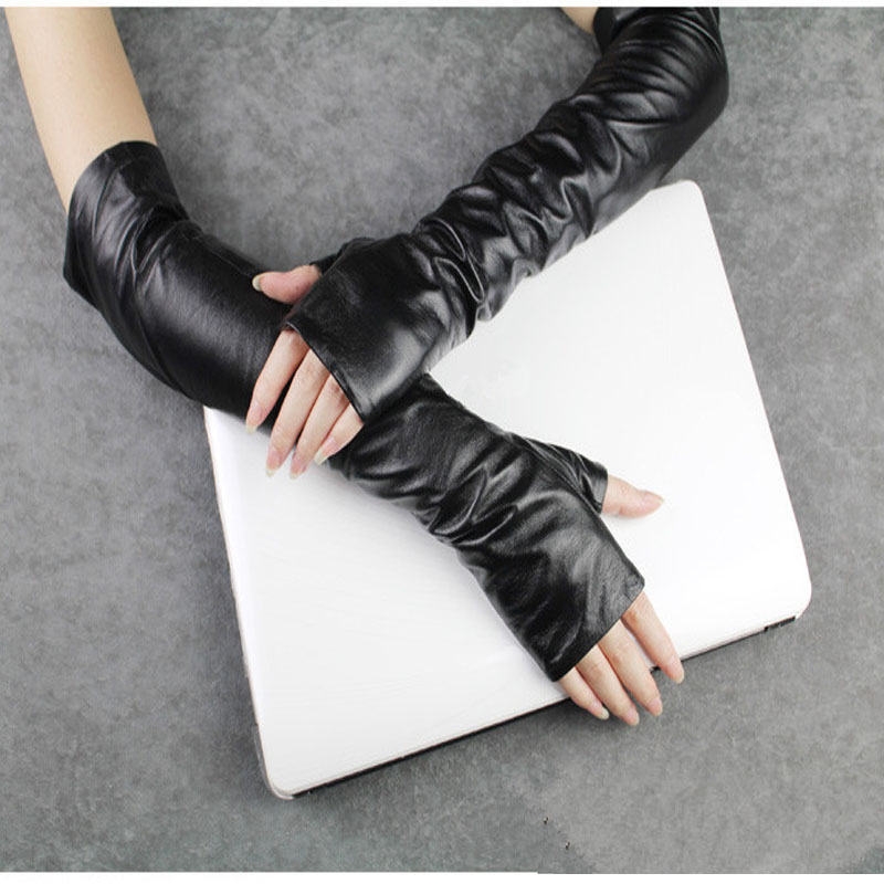 Women's design long leather gloves flat female semi-finger gloves fashion gloves punk leather cuff
