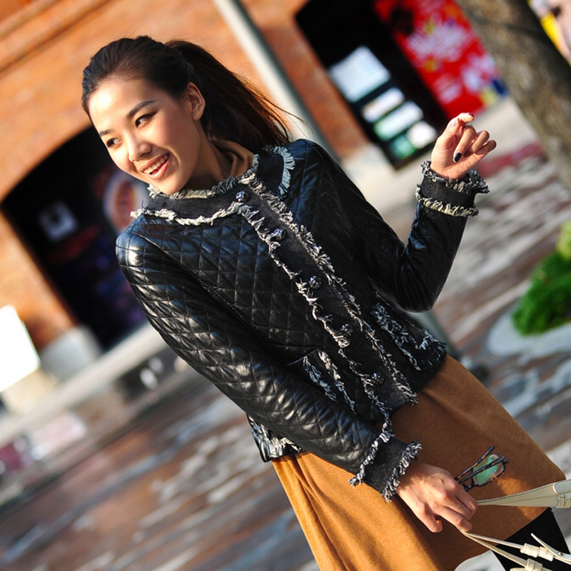Women's dimond plaid tassel plus cotton slim short design sheepskin leather clothing p0734