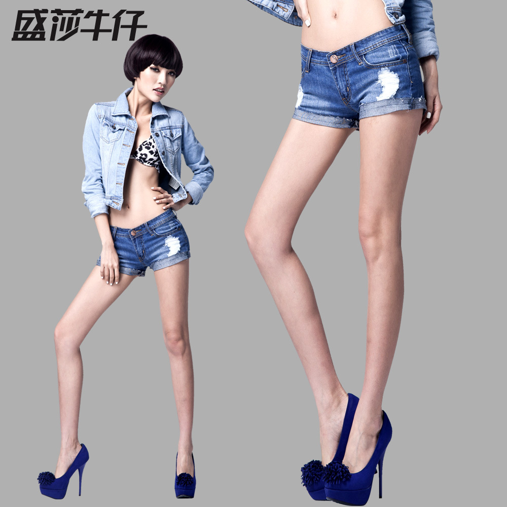 Women's distrressed slim hip elastic denim shorts summer elastic slim