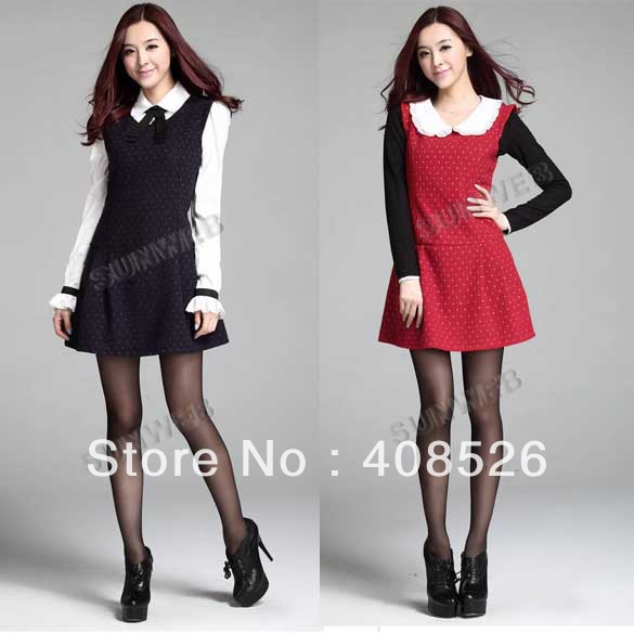 women's Dot Fabric Jumper skirt Princess woolen Dress S M L Free shipping 8173
