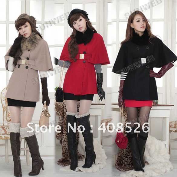 Women's Double-breasted Faux Fur Collar Batwing Cape Trench woolen Coats Outerwear Belt free shipping 3553