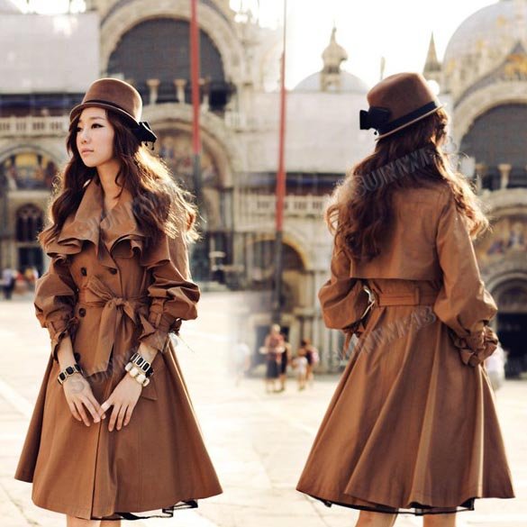 Women's Double Breasted Flouncing Neck Long Slim Windbreaker Trench Coat Free shipping S,M,L,XL,XXL7958