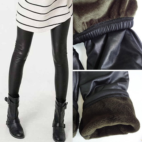 Women's double layer velvet thickening thermal faux leather ankle length legging plus size