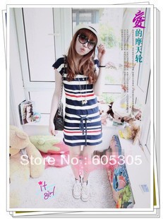 Women's dress College Navy wind the drawstring slant bag striped short-sleeved dress free Shipping 6075