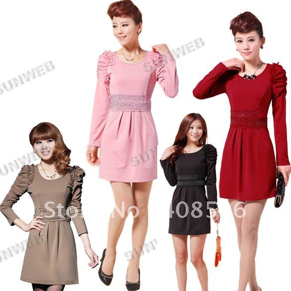 women's dress slim puff sleeve dress OL elegant slim hip skirt long sleeve dress 4 colors free shipping 7436