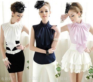 Women's  elegant ol bow stand collar sleeveless chiffon  fashion cute shirt blouse Free shipping