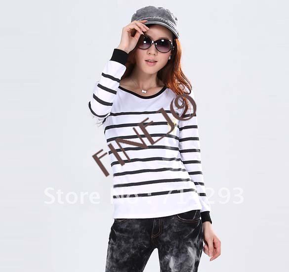 Women's  Elegant Round Neckline Black + White Long Sleeve Stripes T-Shirt Tops Blouse FREE SHIPPING 7387